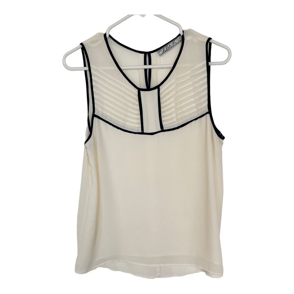 Chloe K Womens Top Sleeveless Ivory Blue Piping Tank Ribbed Bib M